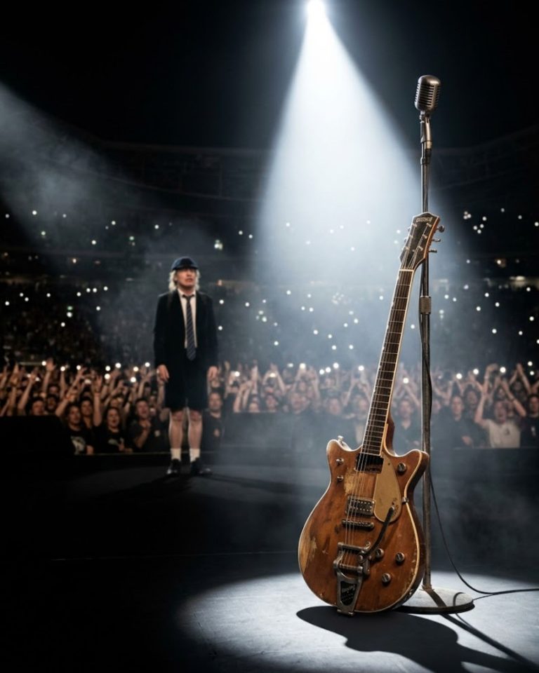 ANGUS YOUNG BROUGHT OUT MALCOLM’S BATTERED GRETSCH GUITAR DURING