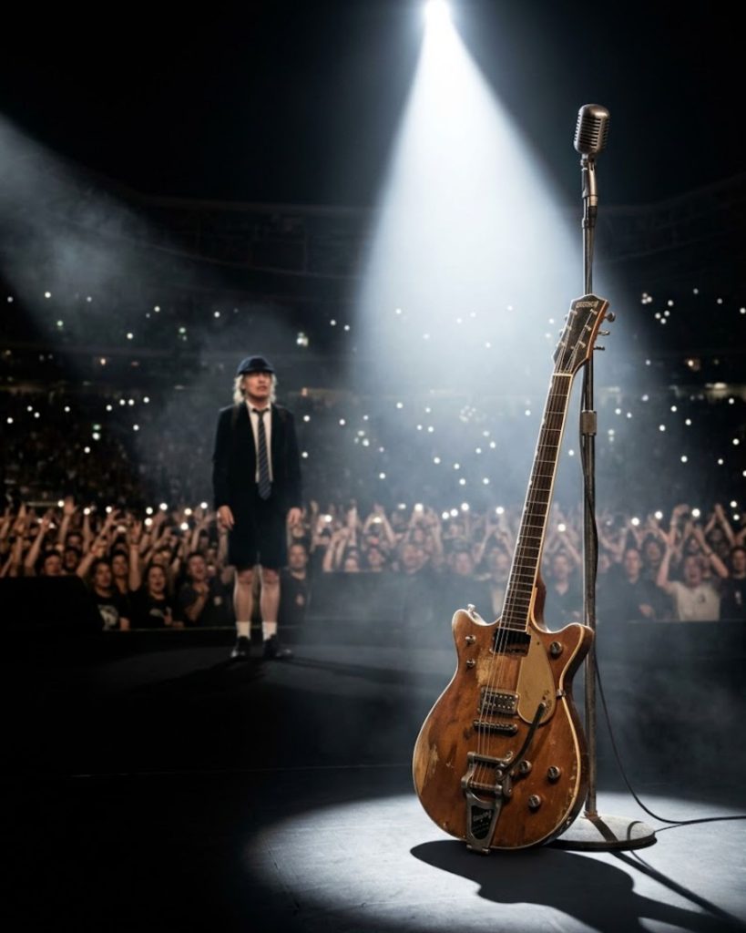 ANGUS YOUNG BROUGHT OUT MALCOLM’S BATTERED GRETSCH GUITAR DURING